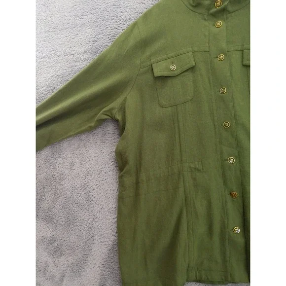 Susan Graver Pure Olive Green Linen Blend Mandarin Collar Button Up Shirt Top XL - Picture 5 of 10